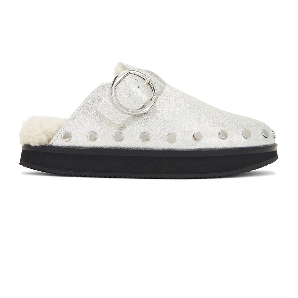 Mirst slide in silver with fur - elevated Birkenstock clog style